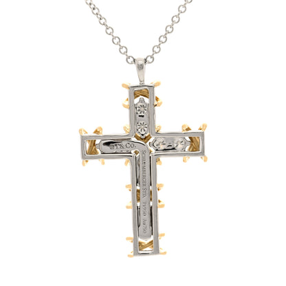 Tiffany Platinum 18K Yellow Gold Diamond Schlumberger Ten Stone Cross Pendant Necklace 3 of 4