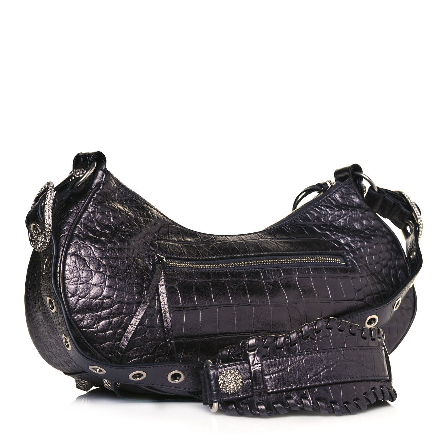 Metallic Calfskin Crocodile Embossed Crystal Small Le Cagole Shoulder Bag Gunmetal
