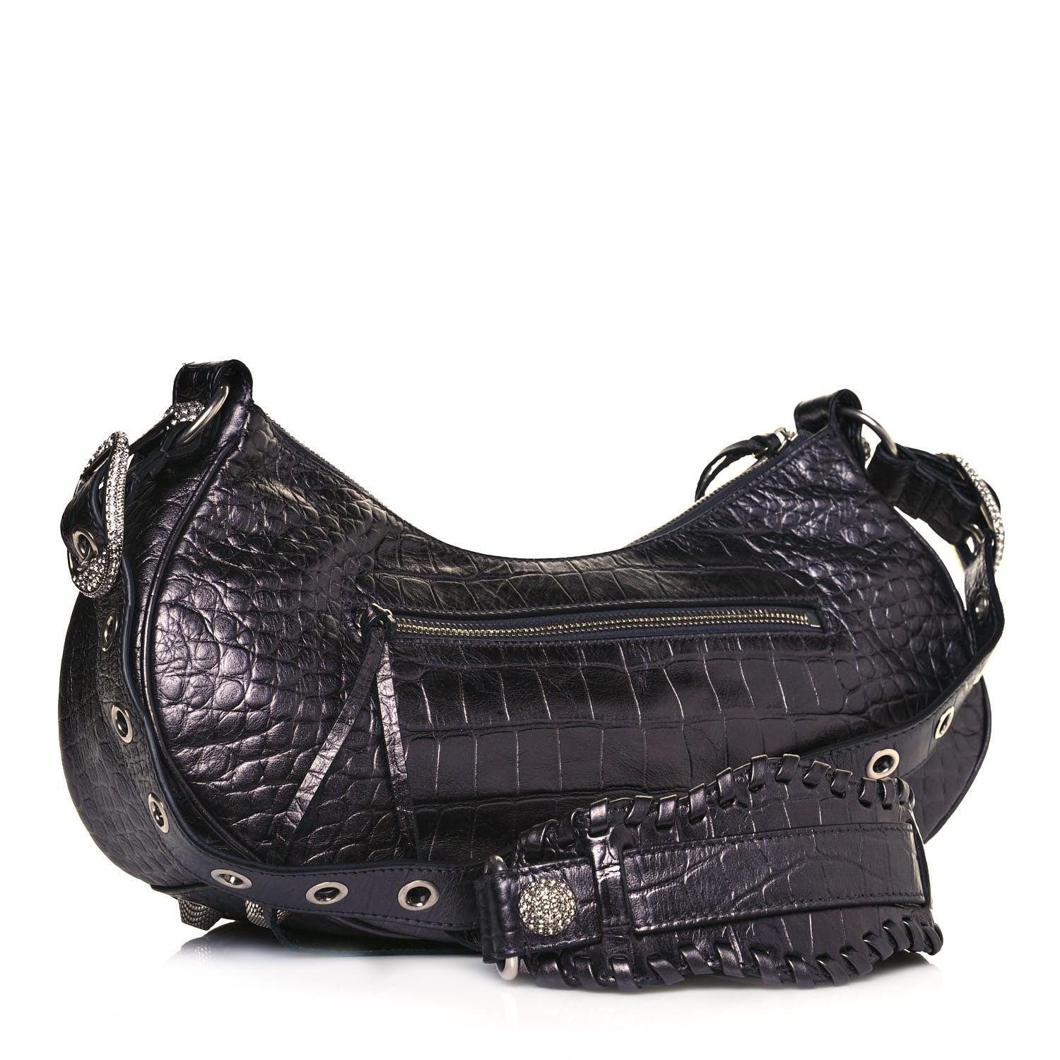 Balenciaga Metallic Calfskin Crocodile Embossed Crystal Small Le Cagole Shoulder Bag Gunmetal 2 of 12