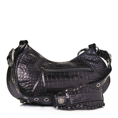 Balenciaga Metallic Calfskin Crocodile Embossed Crystal Small Le Cagole Shoulder Bag Gunmetal 2 of 12
