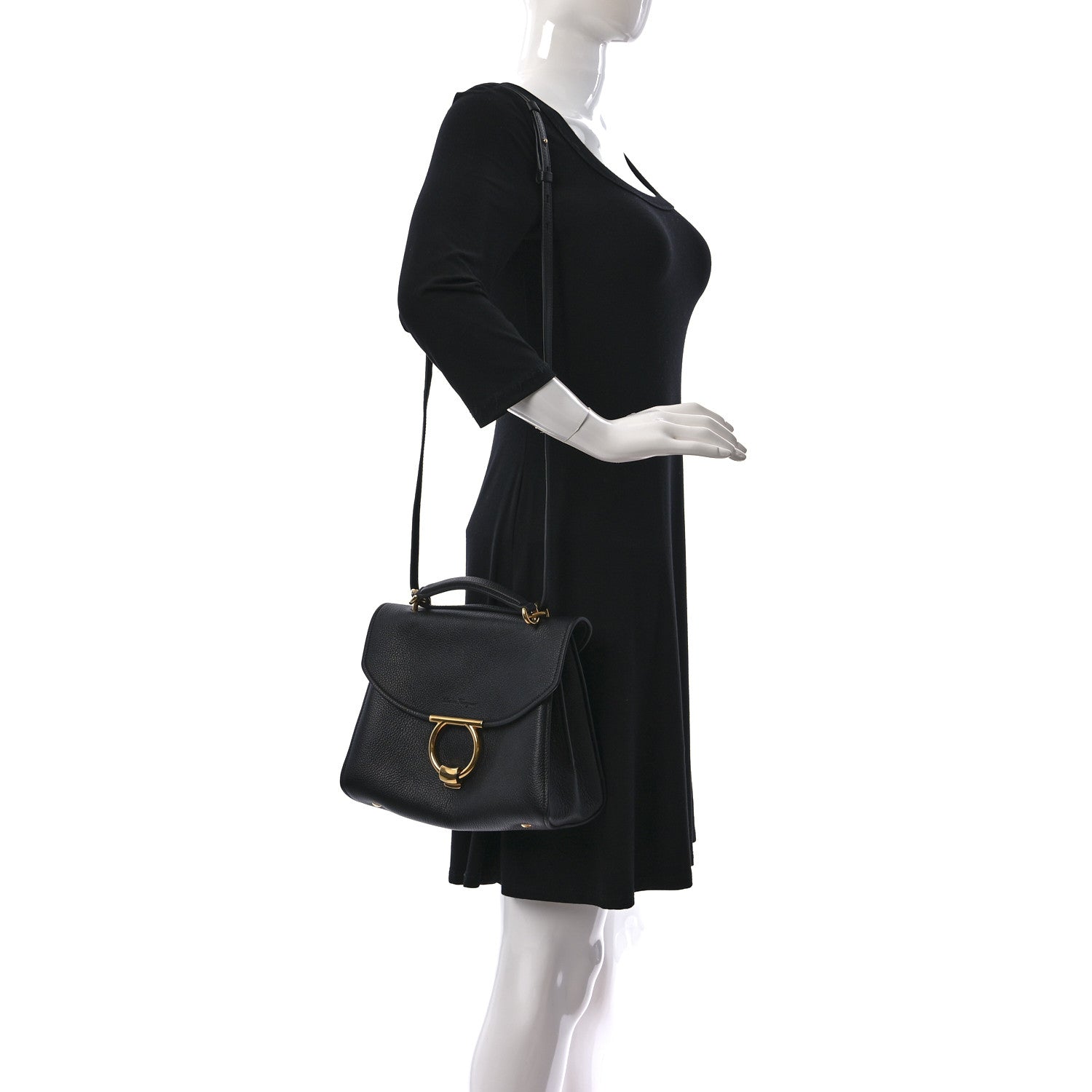 Salvatore Ferragamo Grain Calfskin Gancini Small Top Handle Bag Black 2 of 9