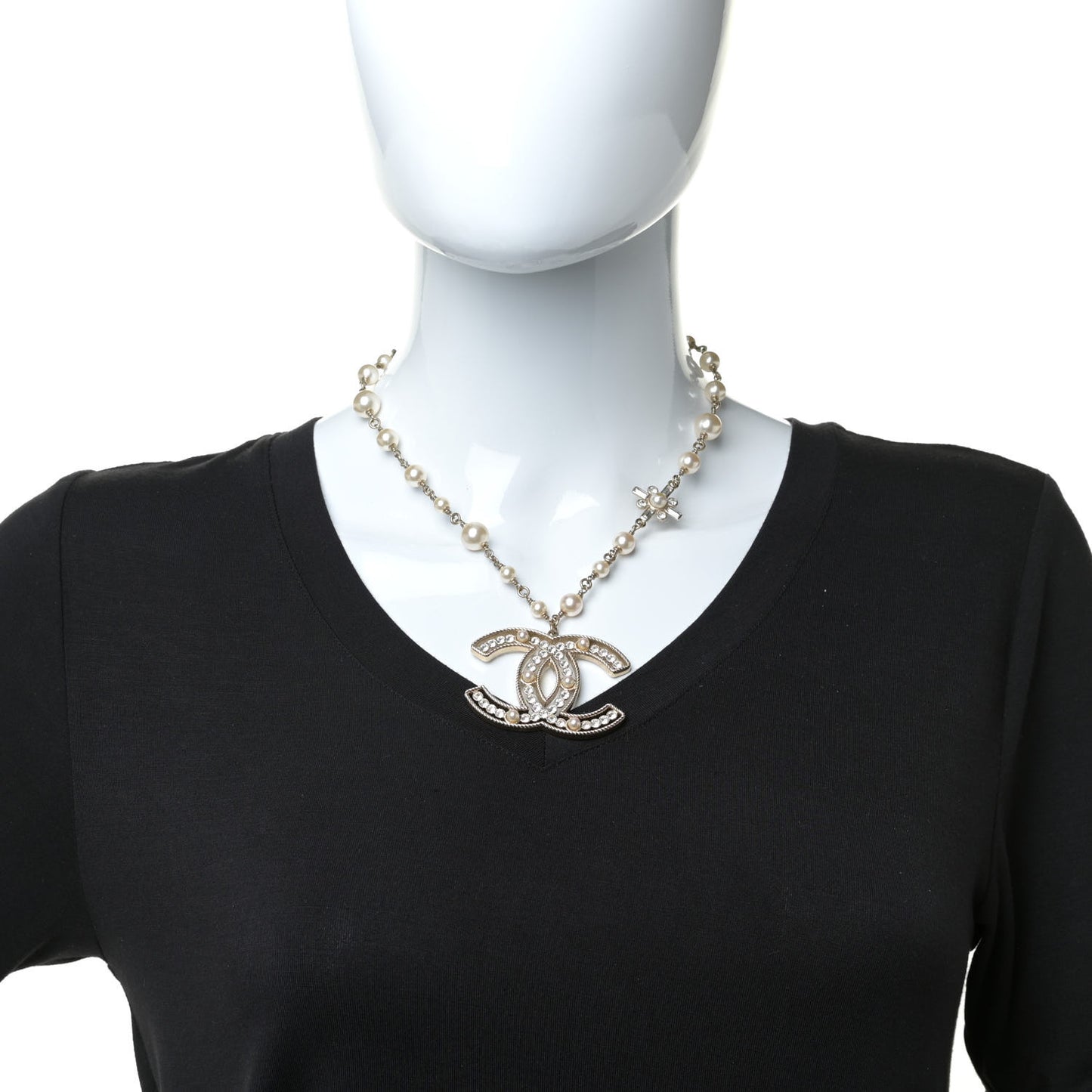Crystal Baguette Pearl CC Cross Pendant Necklace Gold