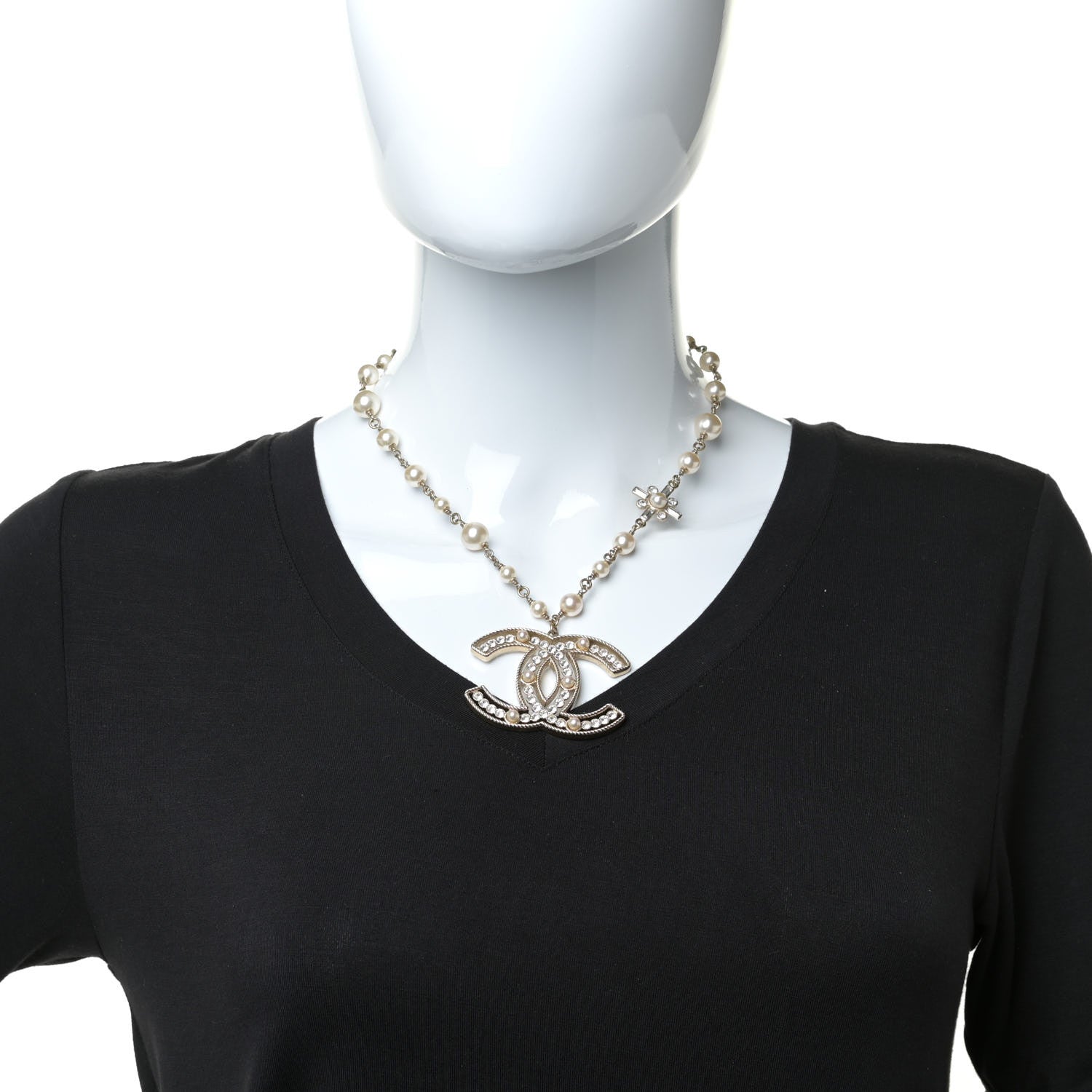 Chanel Crystal Baguette Pearl CC Cross Pendant Necklace Gold 2 of 6