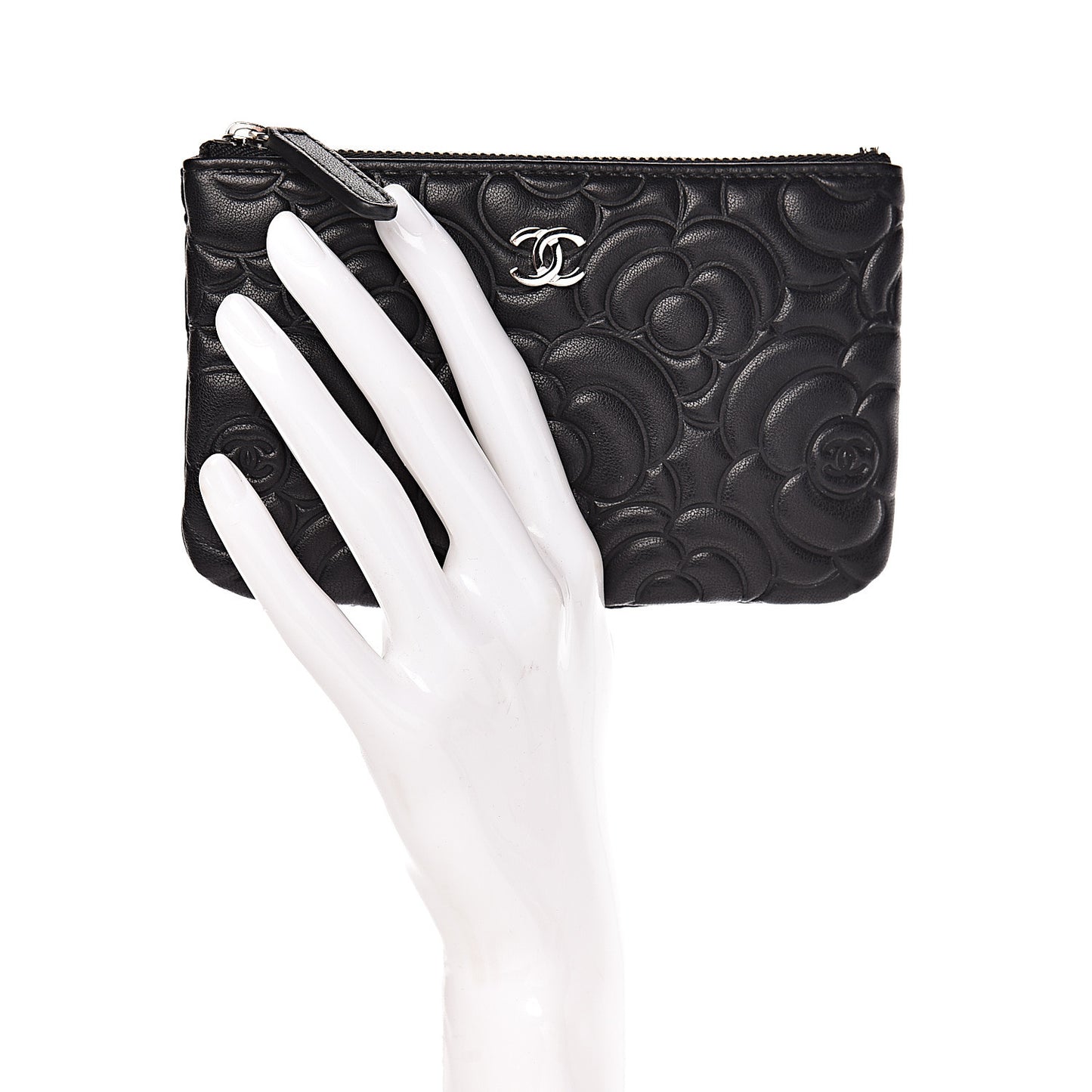 Goatskin Camellia Embossed Cosmetic Pouch Black