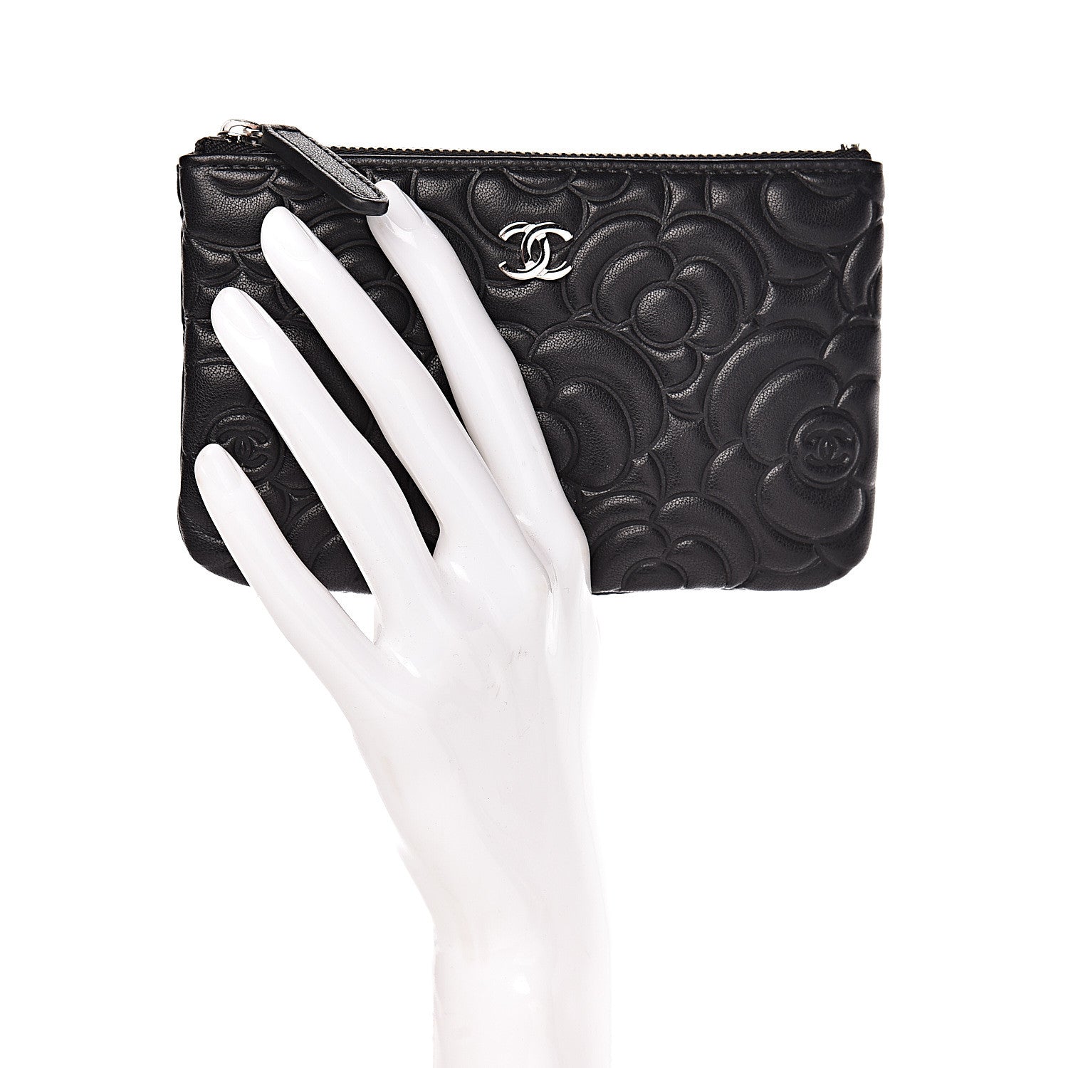 Chanel Goatskin Camellia Embossed Cosmetic Pouch Black 2 of 8