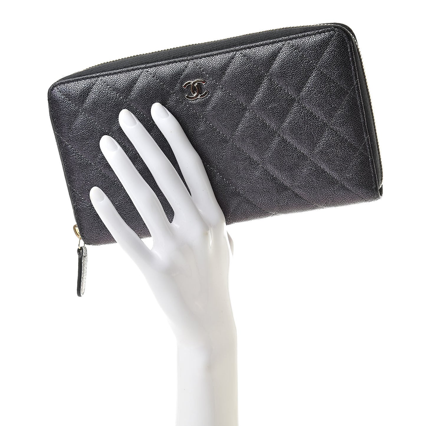 Iridescent Caviar Quilted Large Zip Around Organizer Wallet Black