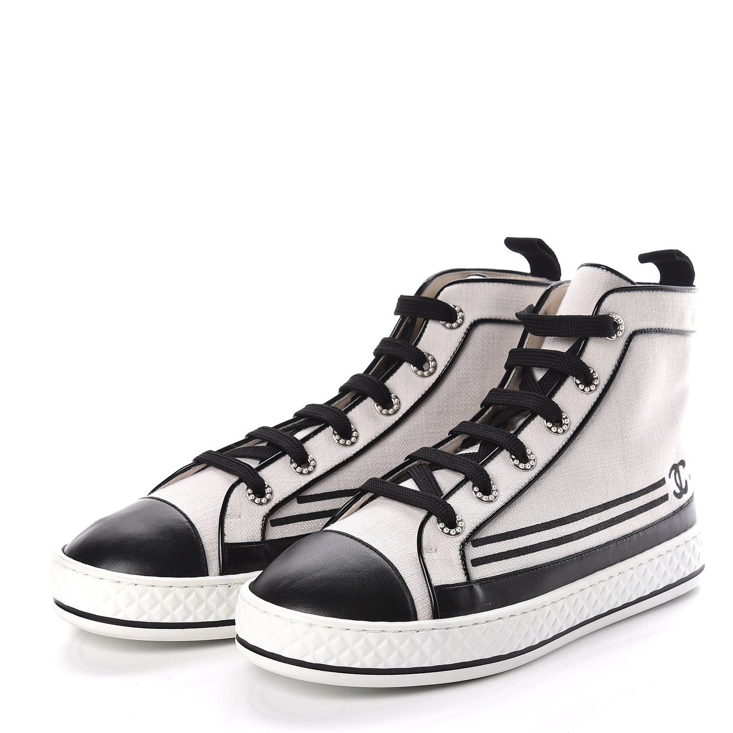 Fabric Lambskin Lace Up Cap Toe Sneakers 38.5 White Black