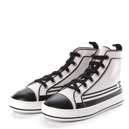 Chanel Fabric Lambskin Lace Up Cap Toe Sneakers 38.5 White Black 3 of 6