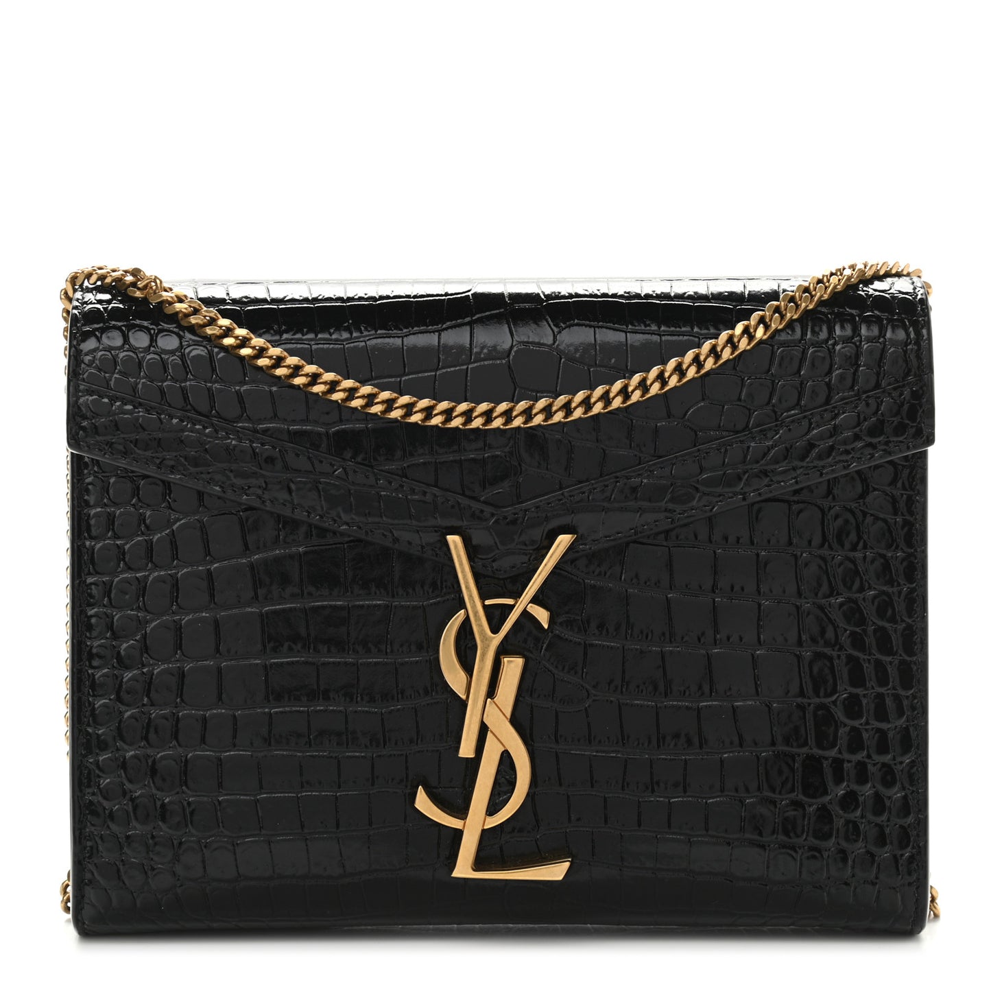 Calfskin Crocodile Embossed Monogram Cassandra Chain Wallet Black
