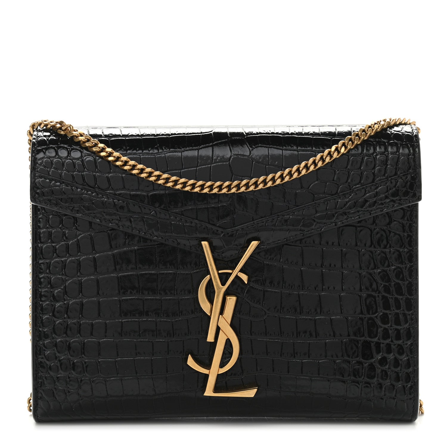 Saint Laurent Calfskin Crocodile Embossed Monogram Cassandra Chain Wallet Black 1 of 10