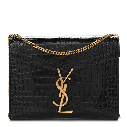 Saint Laurent Calfskin Crocodile Embossed Monogram Cassandra Chain Wallet Black 1 of 10