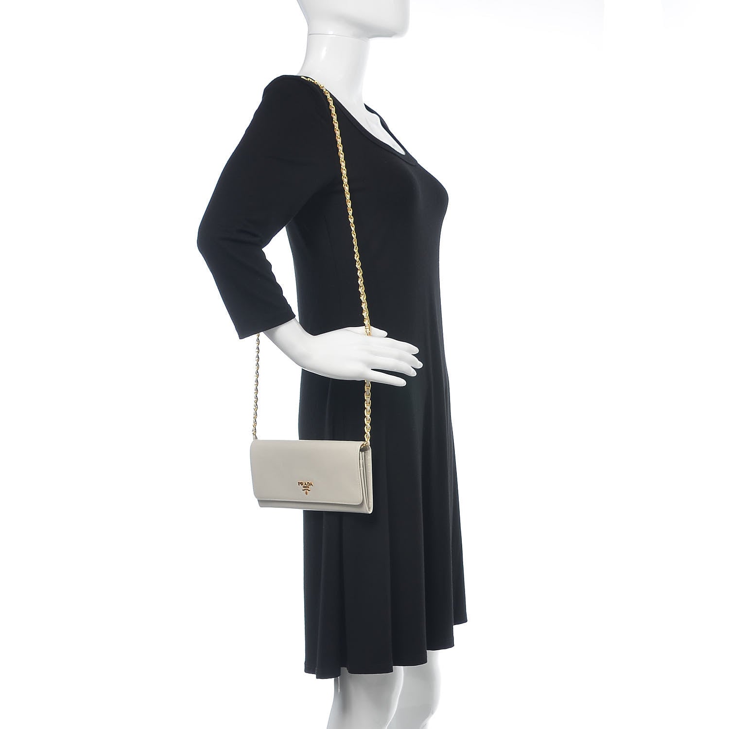 Prada Saffiano Metal Oro Chain Wallet Talco 2 of 12