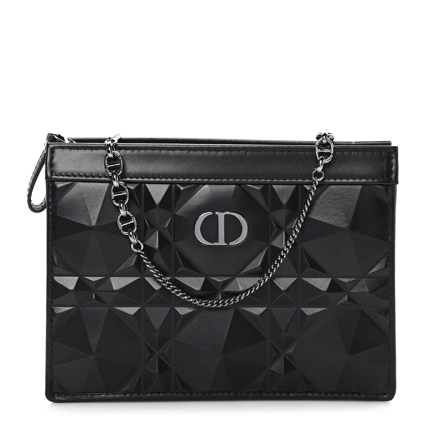 Calfskin Macrocannage Diamond Caro Zipped Pouch With Chain Black