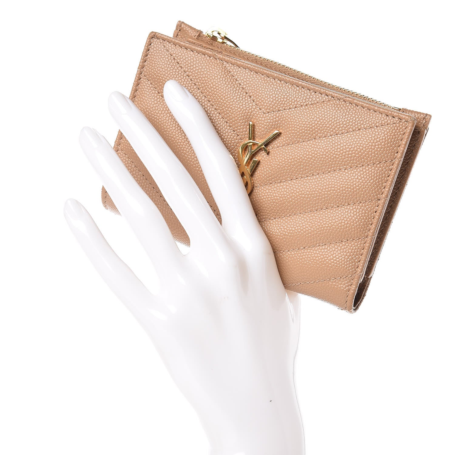Saint Laurent Grain De Poudre Matelasse Chevron Monogram Zipped Two-Part Wallet Cork 2 of 9