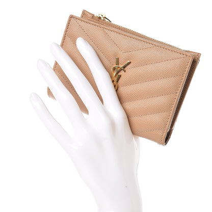 Saint Laurent Grain De Poudre Matelasse Chevron Monogram Zipped Two-Part Wallet Cork 2 of 9