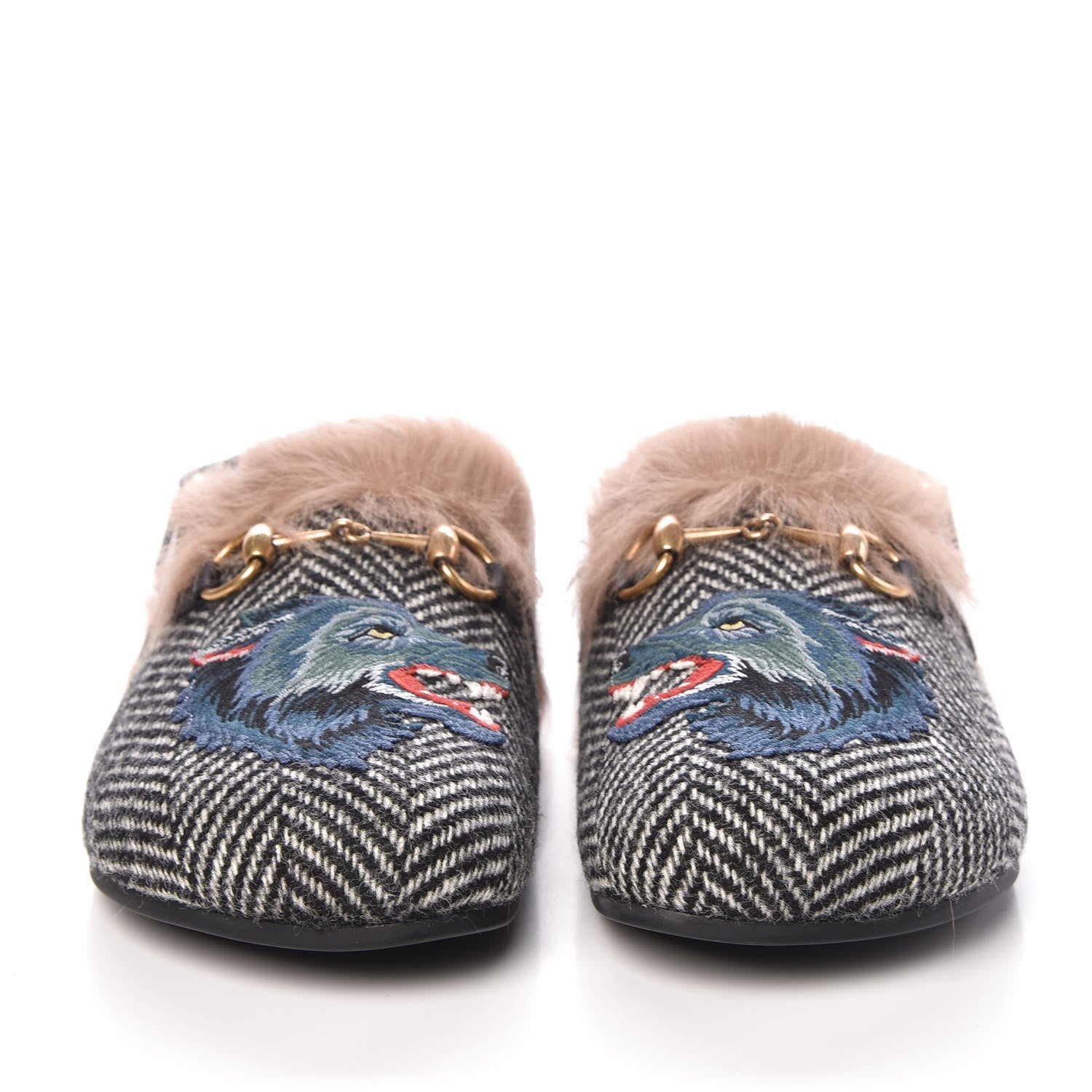 Gucci Herringbone Fur Wolf Mens Horsebit River Slingback Slippers 7 Black White 2 of 11