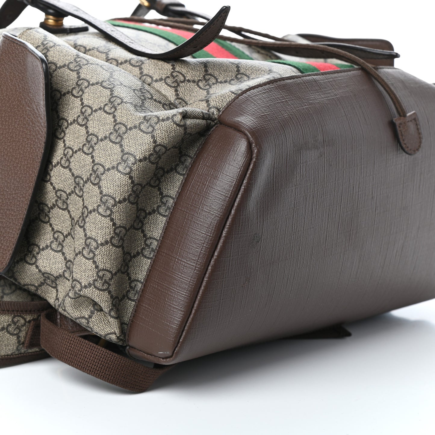 GG Supreme Monogram Medium Ophidia Double Buckle Backpack Brown