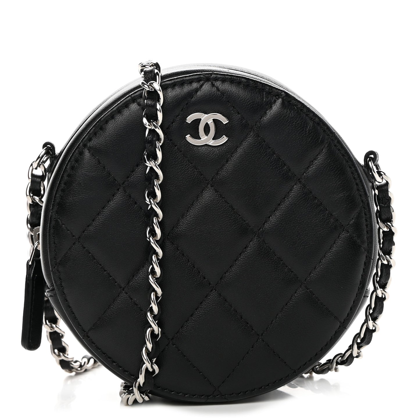 Lambskin Quilted Round Clutch With Chain Black