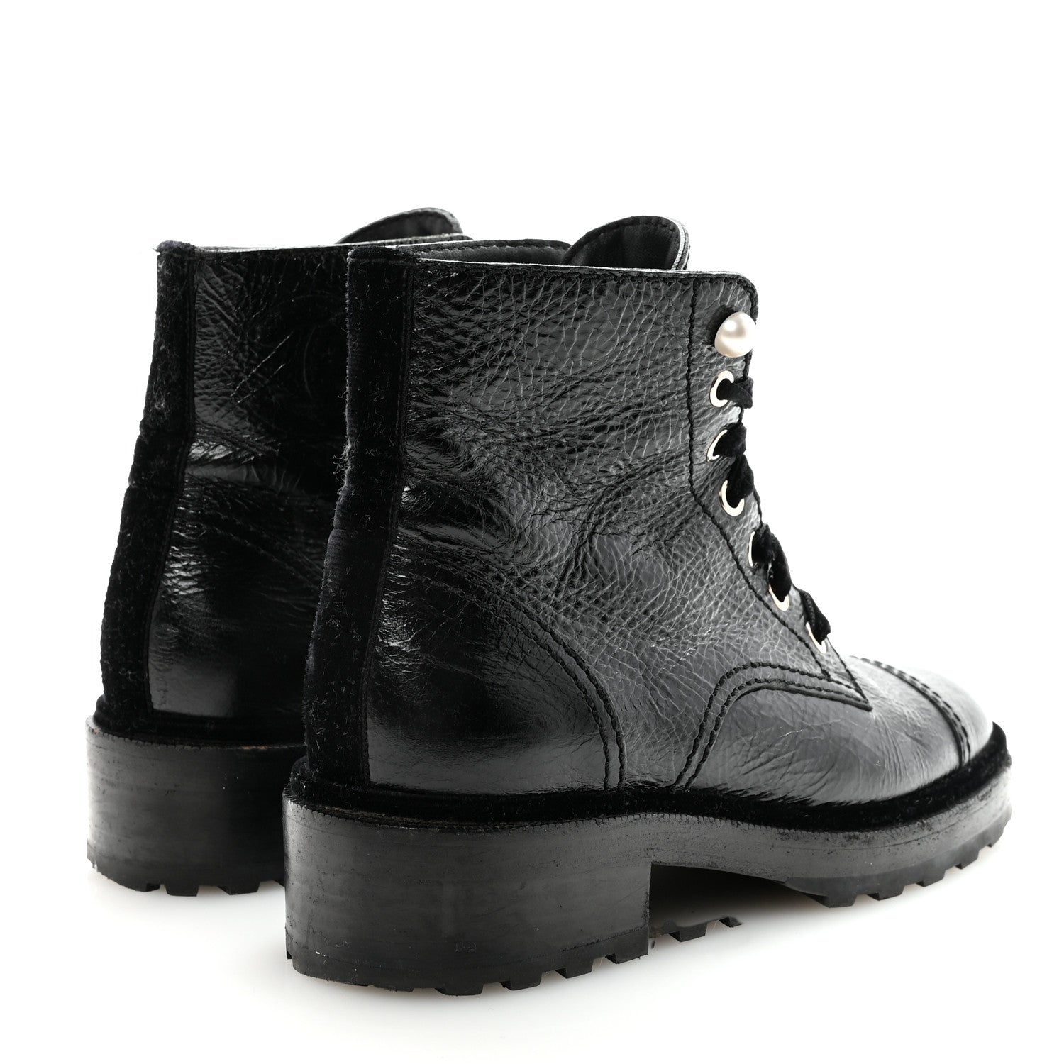 Chanel Shiny Calfskin Velvet Pearl Combat Short Boots 38.5 Black 5 of 9