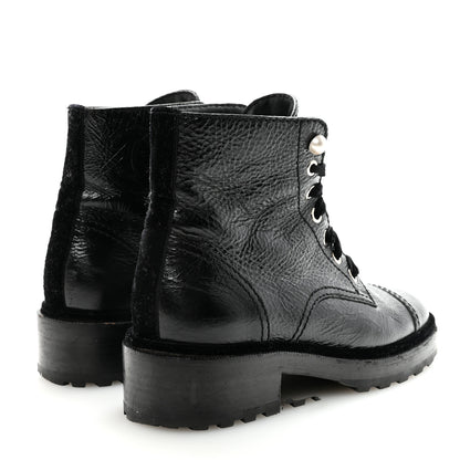 Chanel Shiny Calfskin Velvet Pearl Combat Short Boots 38.5 Black 5 of 9