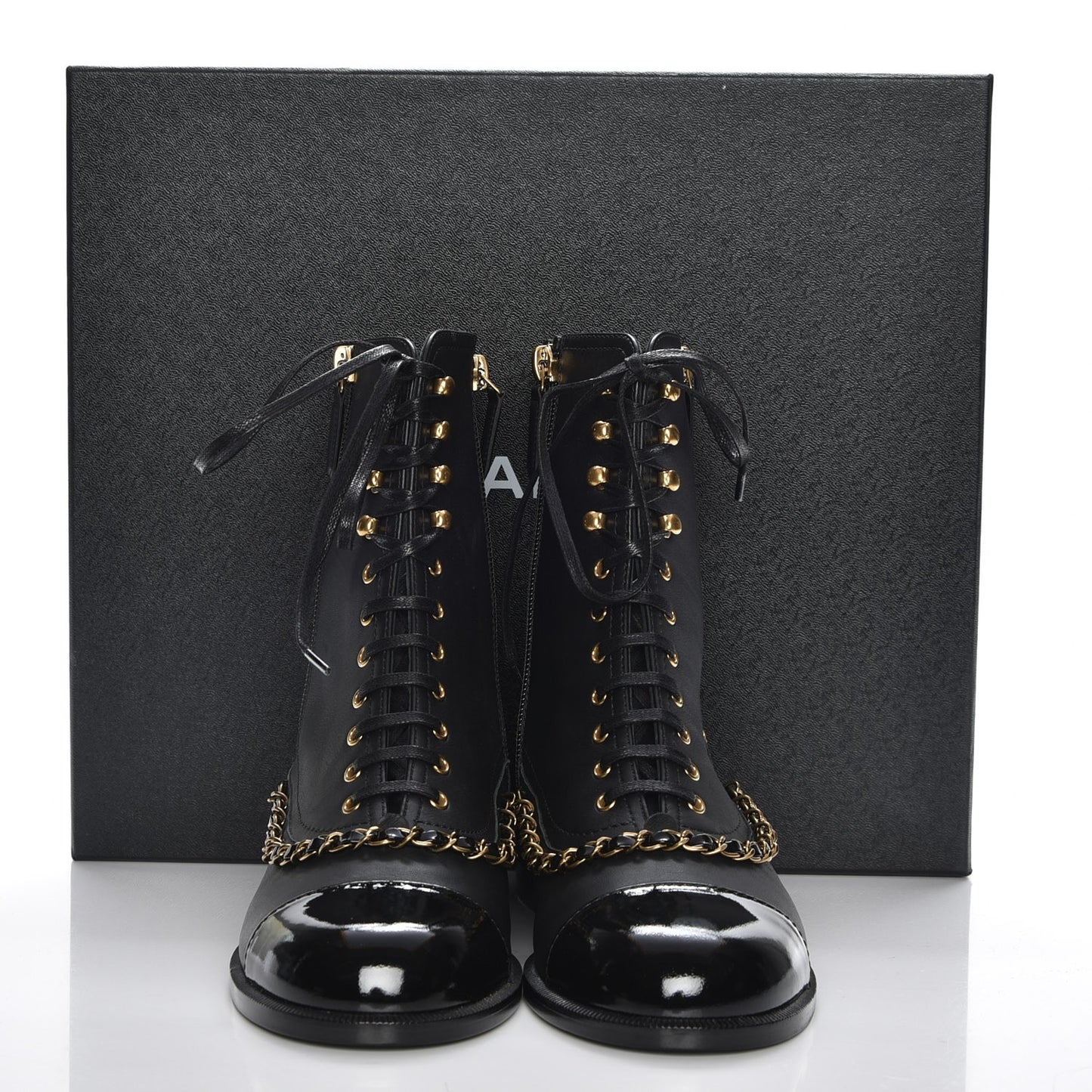 Calfskin Chain Lace Up Boots 37.5 Black
