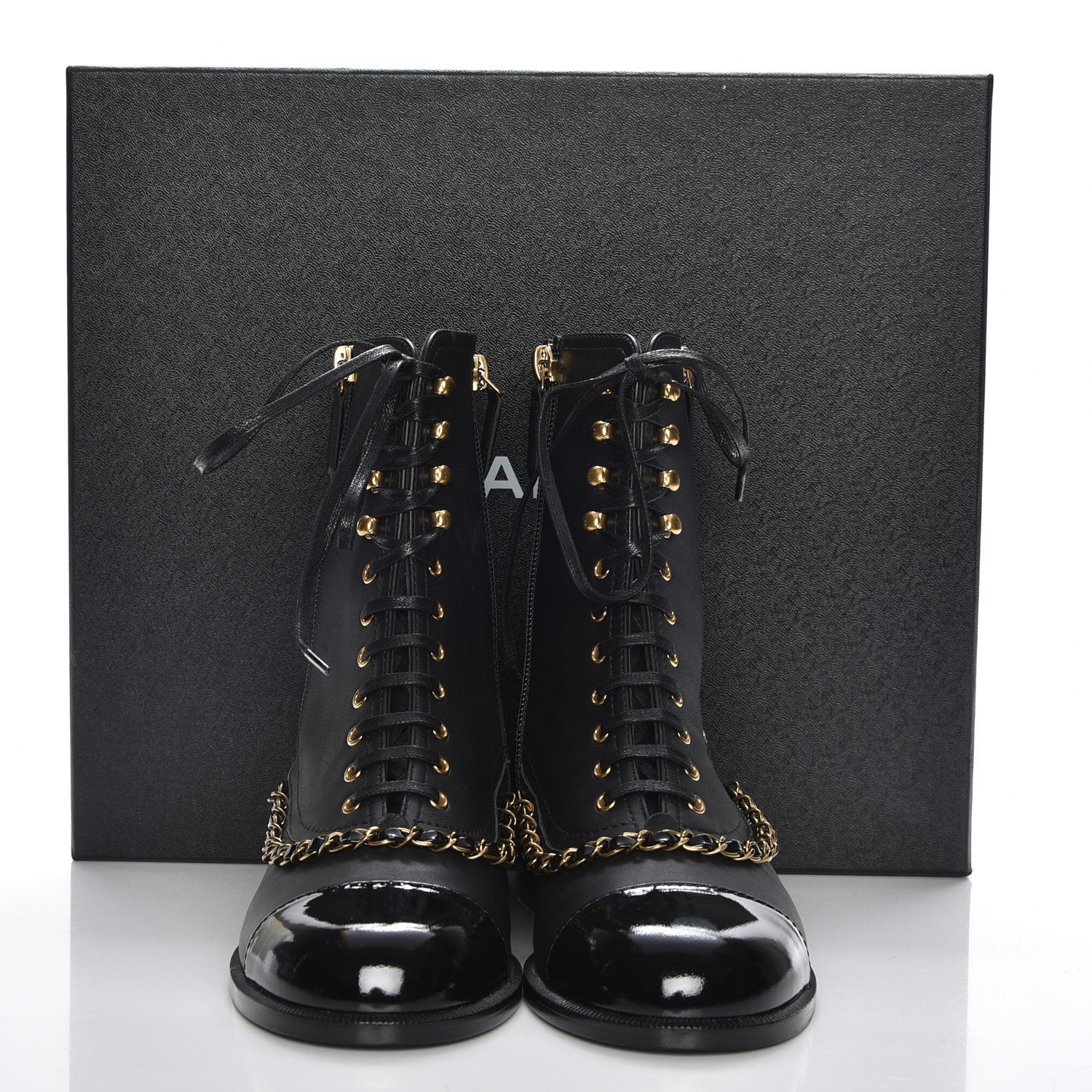 Chanel Calfskin Chain Lace Up Boots 37.5 Black 8 of 8
