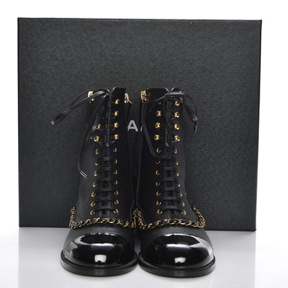 Chanel Calfskin Chain Lace Up Boots 37.5 Black 8 of 8
