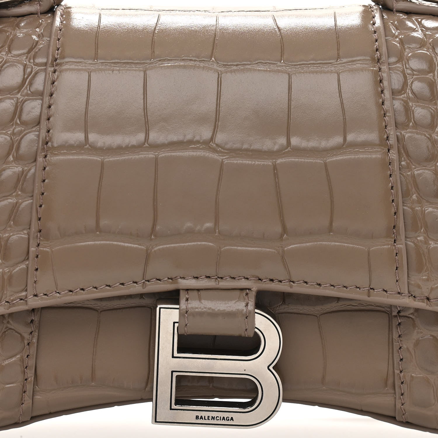 Balenciaga Shiny Calfskin Crocodile Embossed Hourglass Top Handle Bag XS Mink Grey 9 of 12