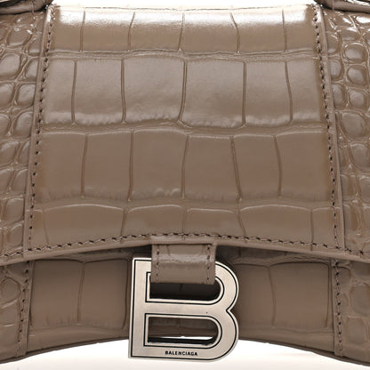 Balenciaga Shiny Calfskin Crocodile Embossed Hourglass Top Handle Bag XS Mink Grey 9 of 12
