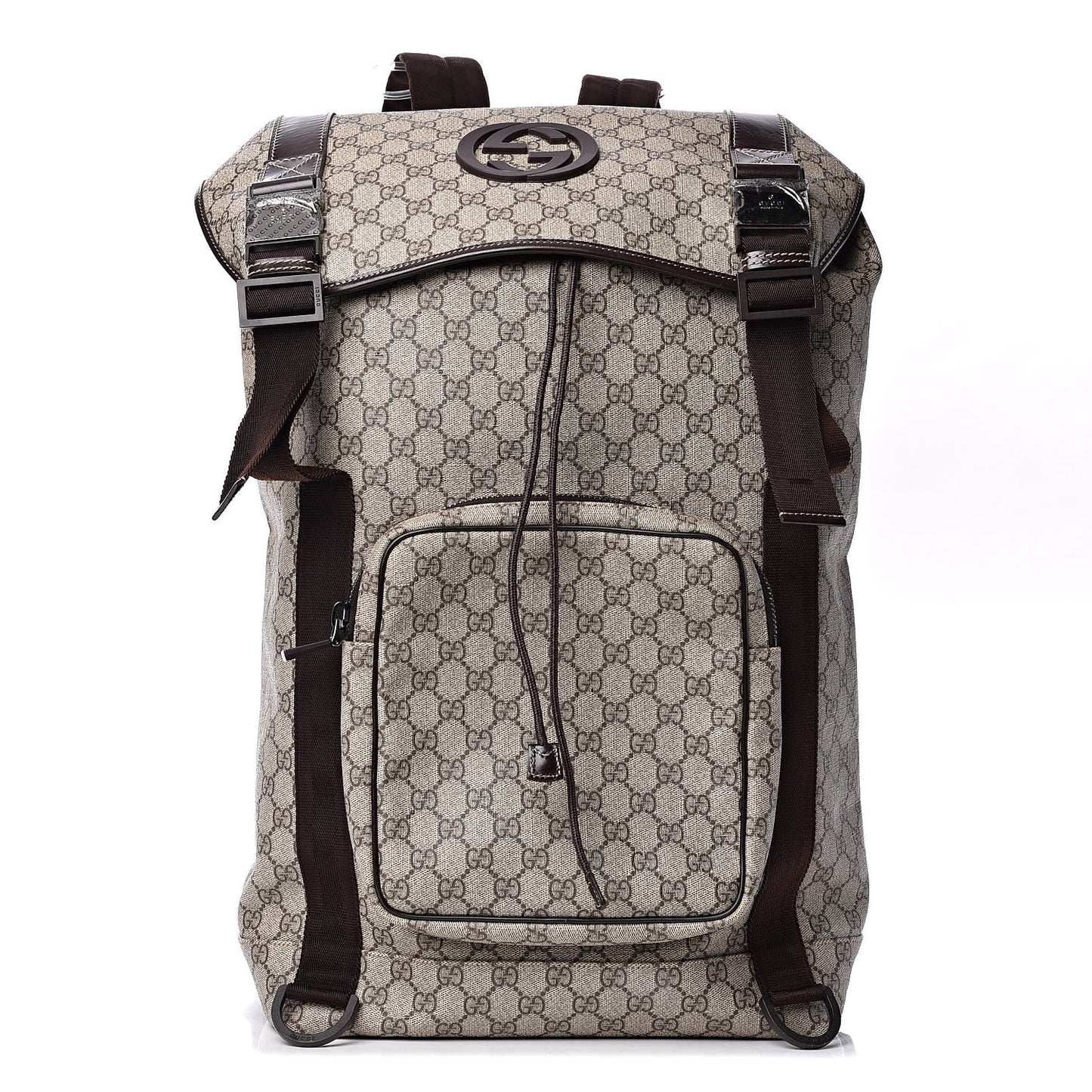 GG Supreme Monogram Large Interlocking G Double Buckle Backpack Dark Brown