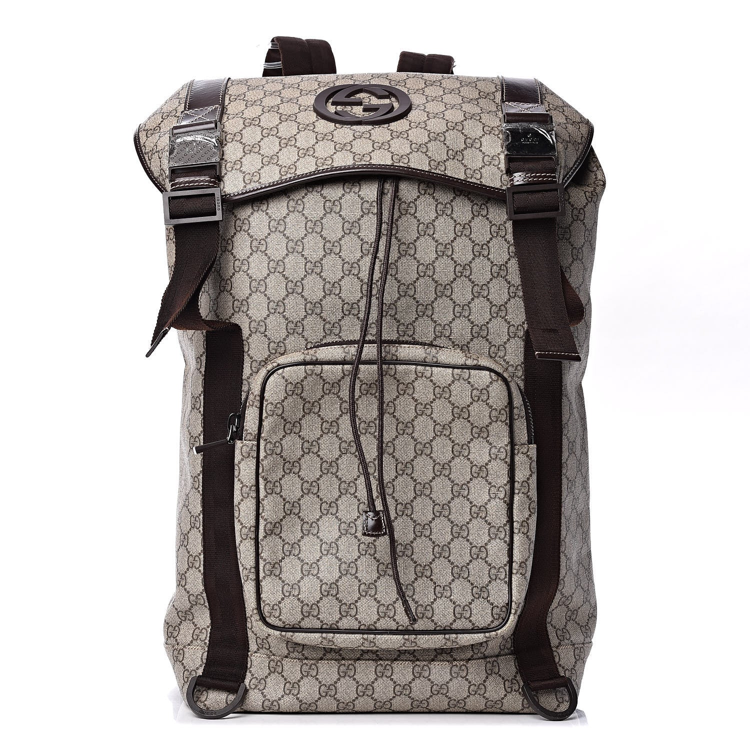 Gucci GG Supreme Monogram Large Interlocking G Double Buckle Backpack Dark Brown 1 of 11
