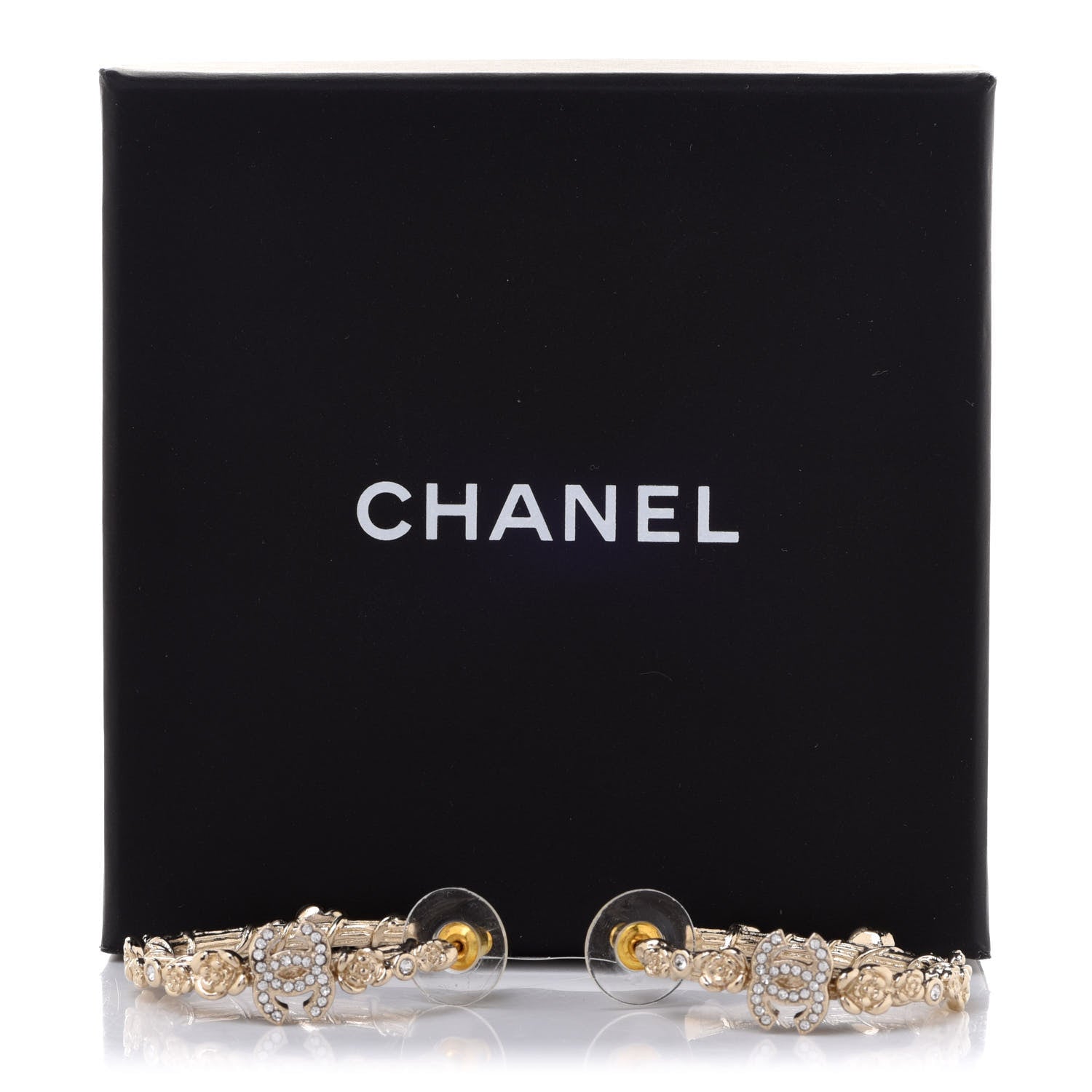 Chanel Crystal Camellia CC Hoop Earrings Gold 5 of 5