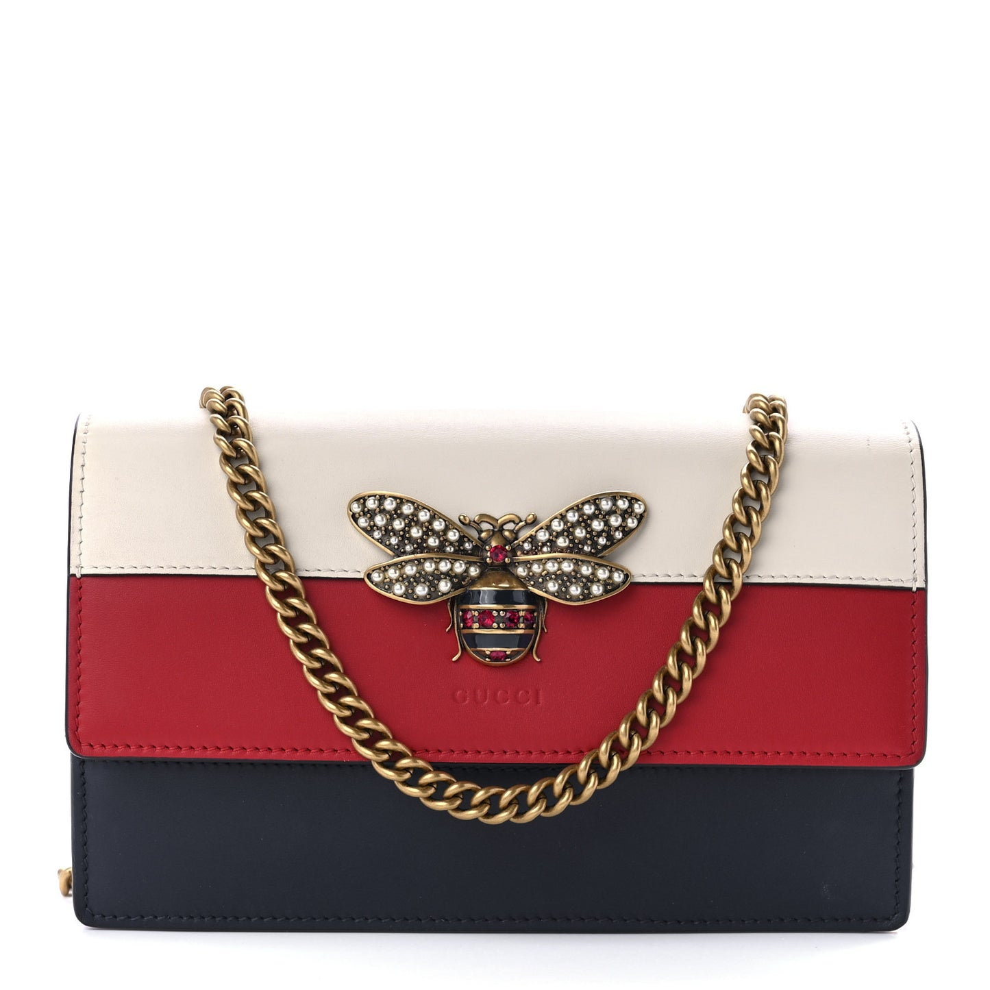 Calfskin Queen Margaret Chain Wallet Blue Agata Hibiscus Red Mystic White