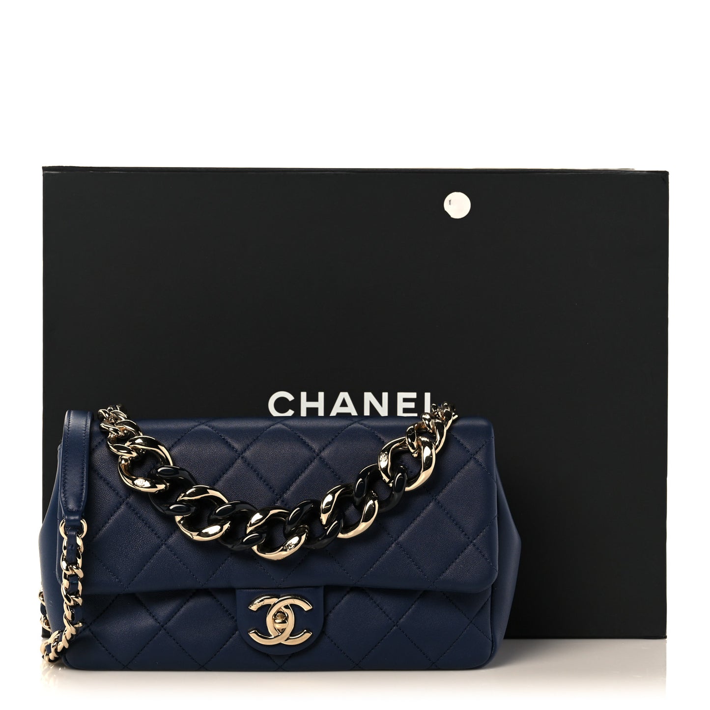 Lambskin Quilted Resin Bi-Color Chain Flap Bag Navy