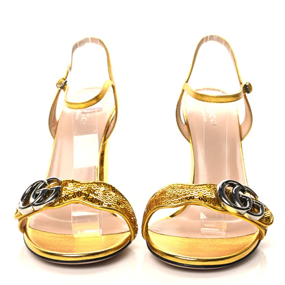 Gucci Sequin Satin Malaga Kid GG Marmont Ankle Wrap 75mm Sandals 37.5 Gold Yellow 2 of 8