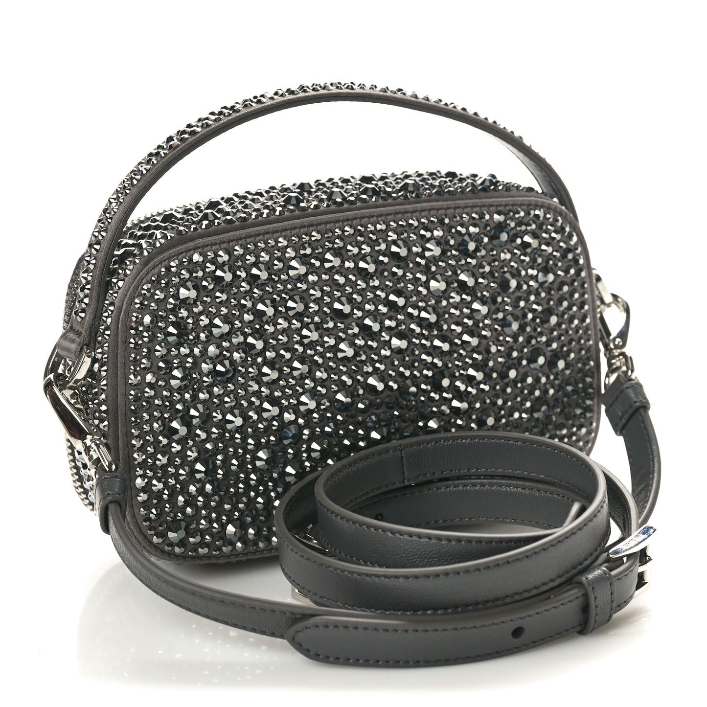 Satin Crystal Metal Triangle Logo Odette Crossbody Fumo