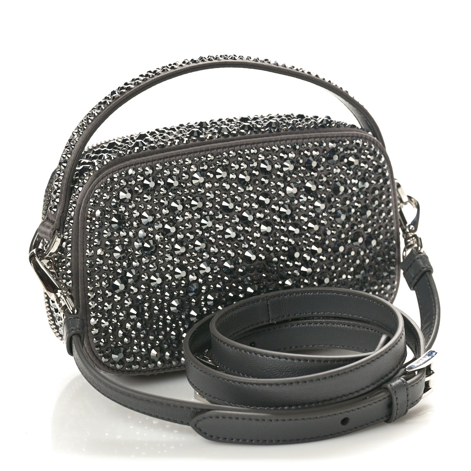 Prada Satin Crystal Metal Triangle Logo Odette Crossbody Fumo 3 of 9