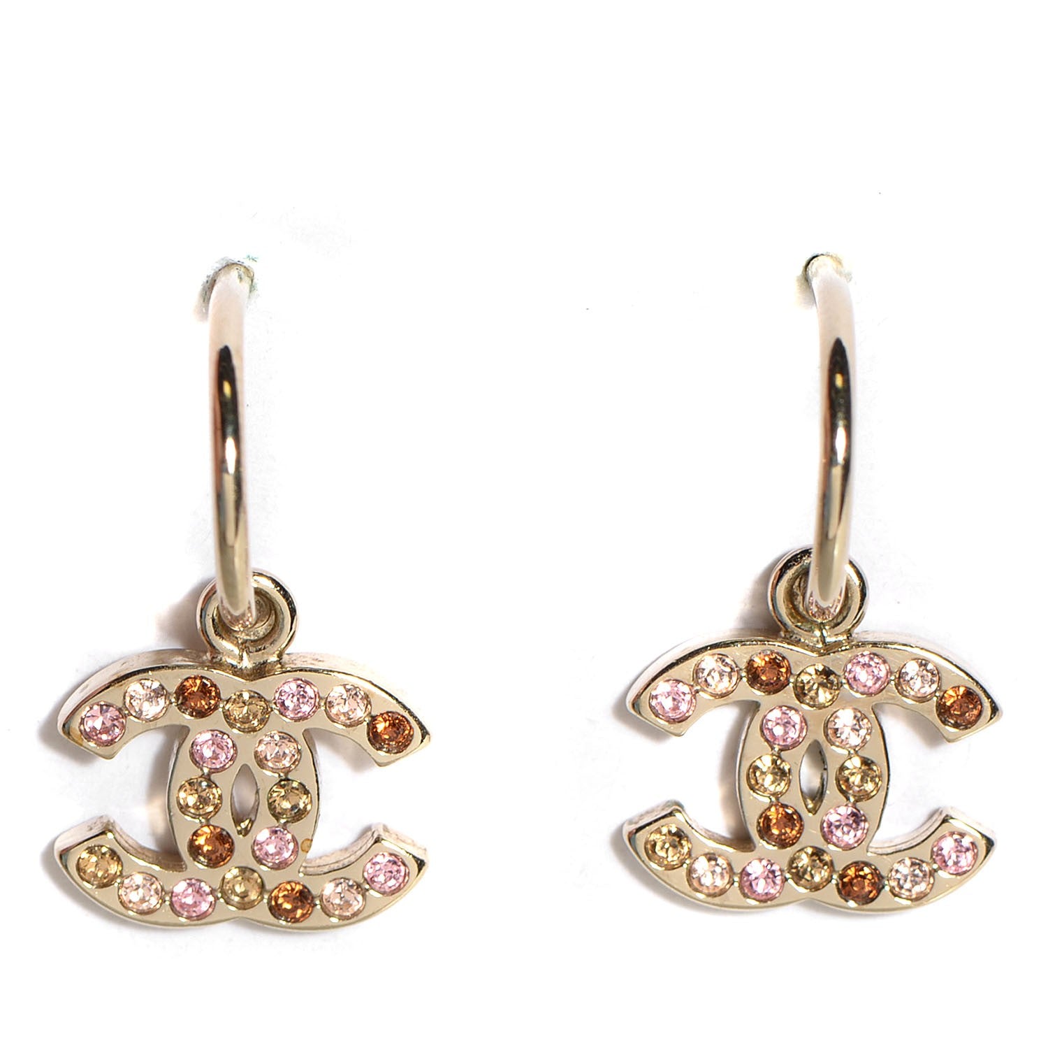Chanel Crystal CC Dangle Earrings Pink Brown Gold 1 of 5