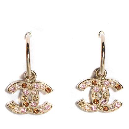 Chanel Crystal CC Dangle Earrings Pink Brown Gold 1 of 5