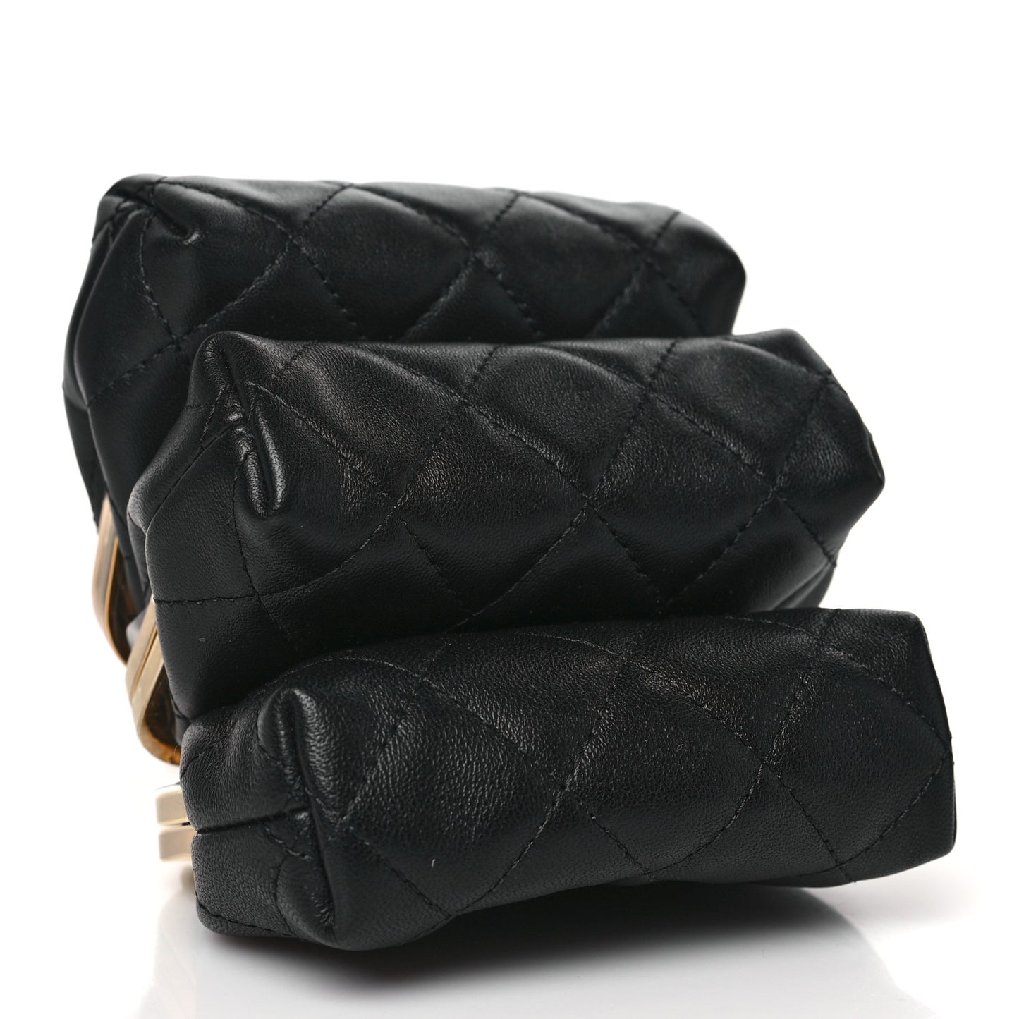 Lambskin Quilted Trio Kiss Lock Clutch With Chain Black