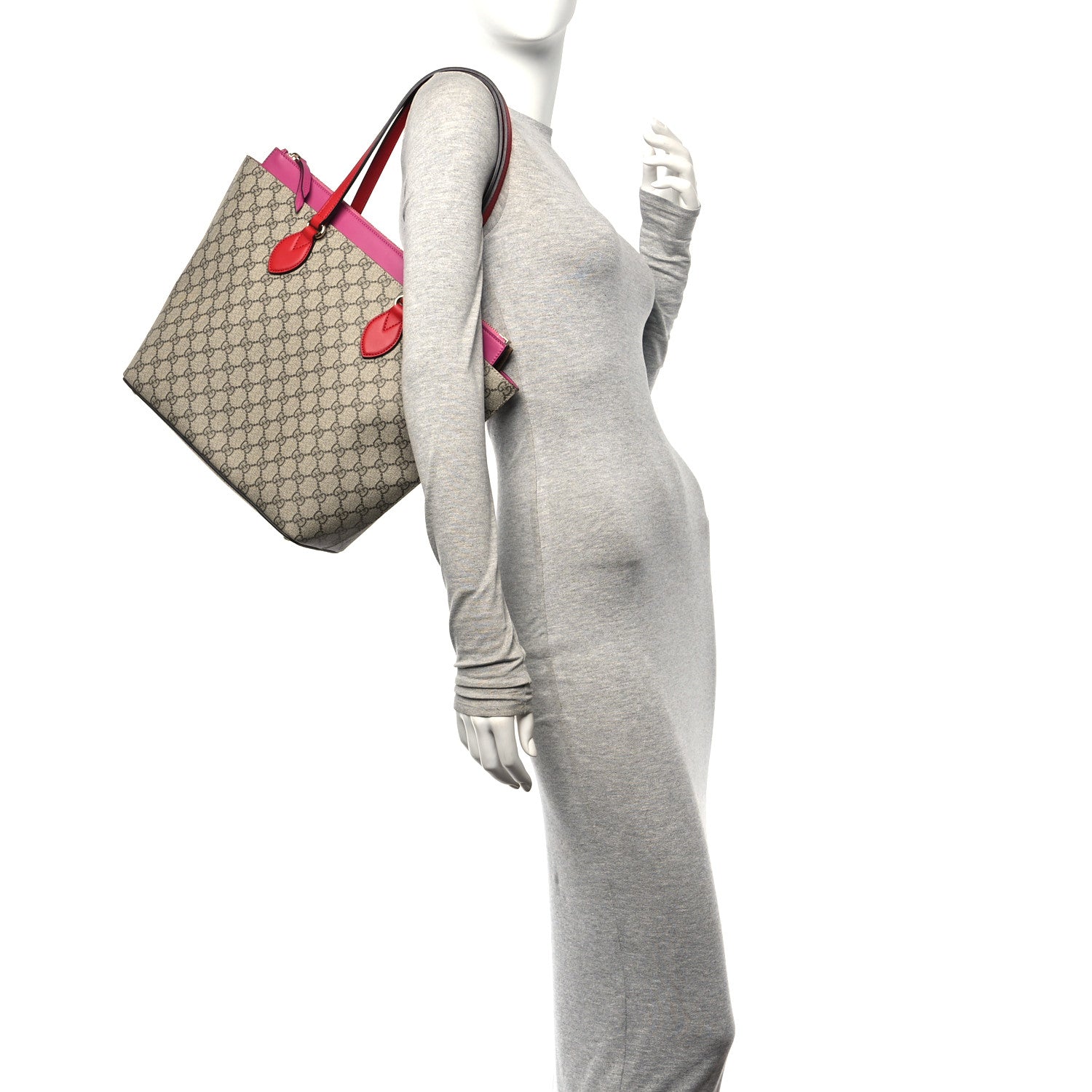 Gucci GG Supreme Monogram Medium Zippered Bucket Tote Beige Hibiscus Red New Rosette 2 of 10