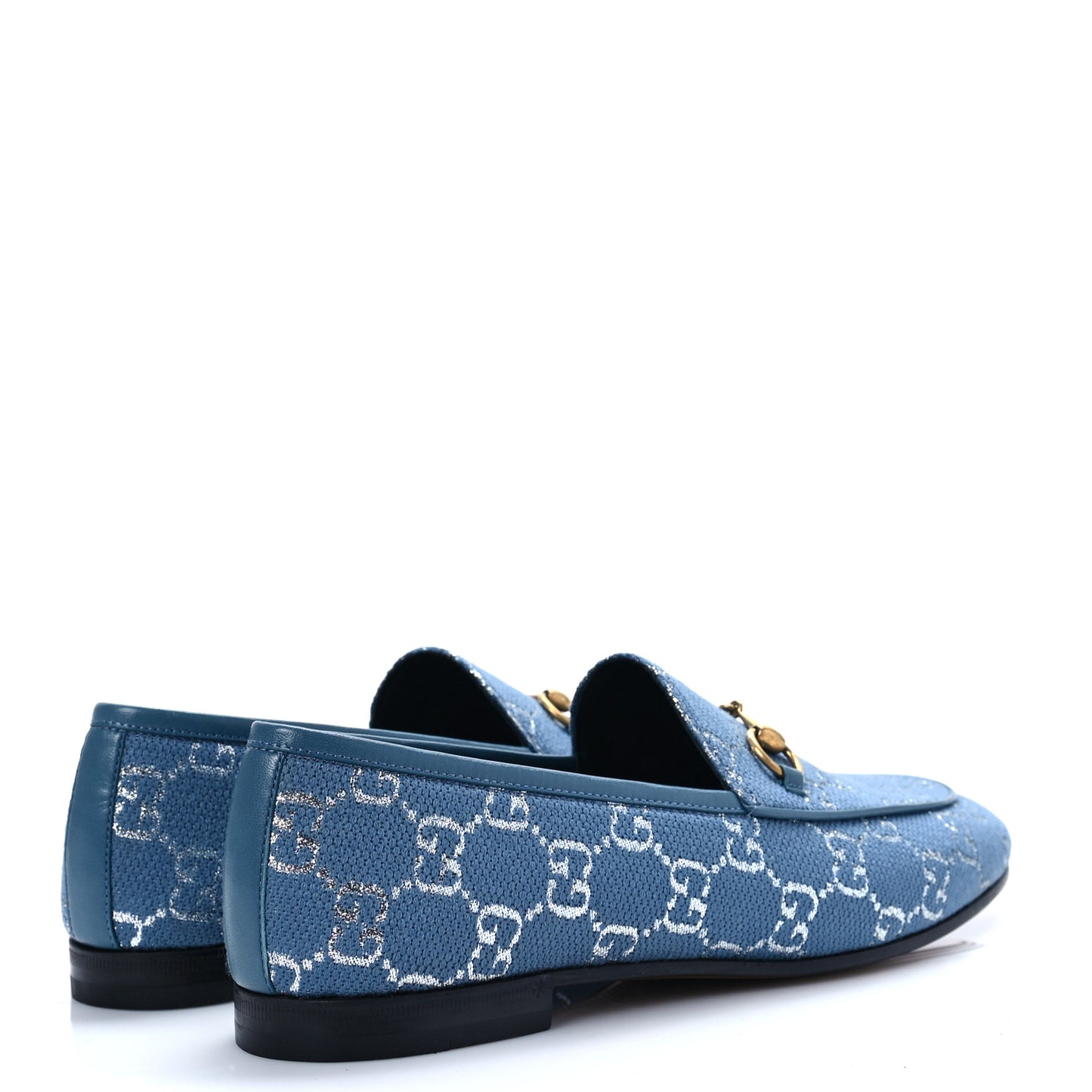 Canvas Lame GG Monogram Horsebit Womens Jordaan Loafers 39 Blue Silver Cornflower Blue