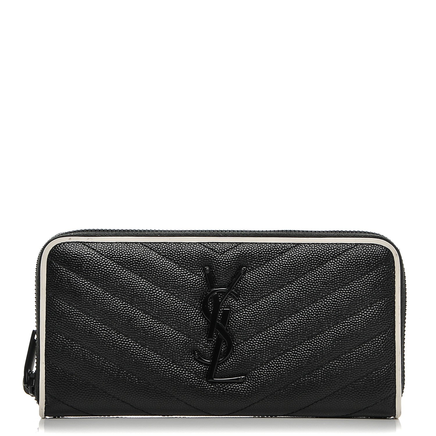 Saint Laurent Grain De Poudre Matelasse Chevron Monogram Zip Around Wallet Black Dove White 1 of 6