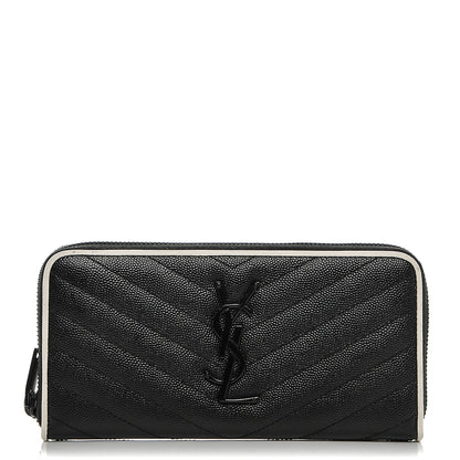 Saint Laurent Grain De Poudre Matelasse Chevron Monogram Zip Around Wallet Black Dove White 1 of 6