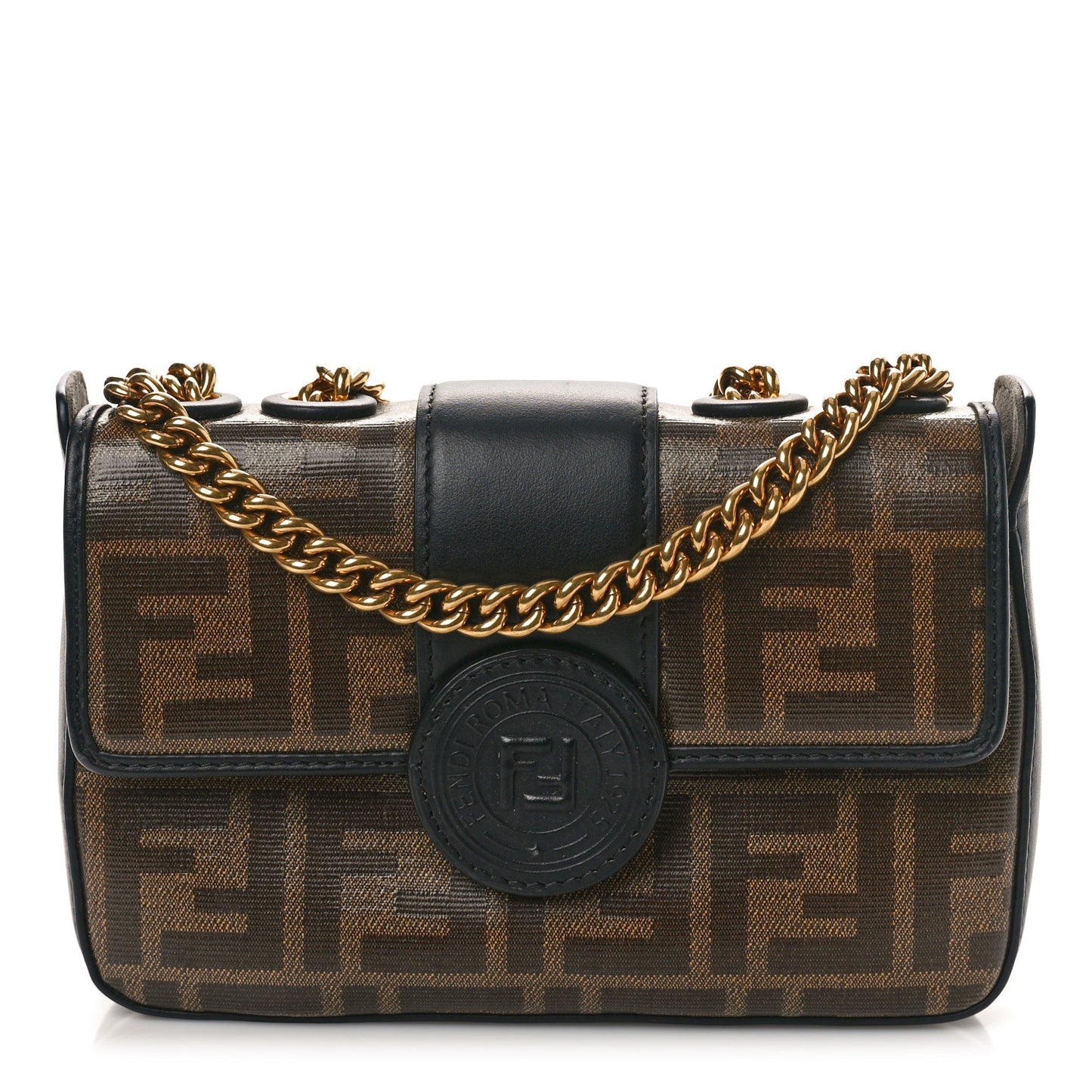 Glazed Fabric Vitello Century FF 1974 Stamp Patch Mini Double F Crossbody Bag Mogano Panna Black