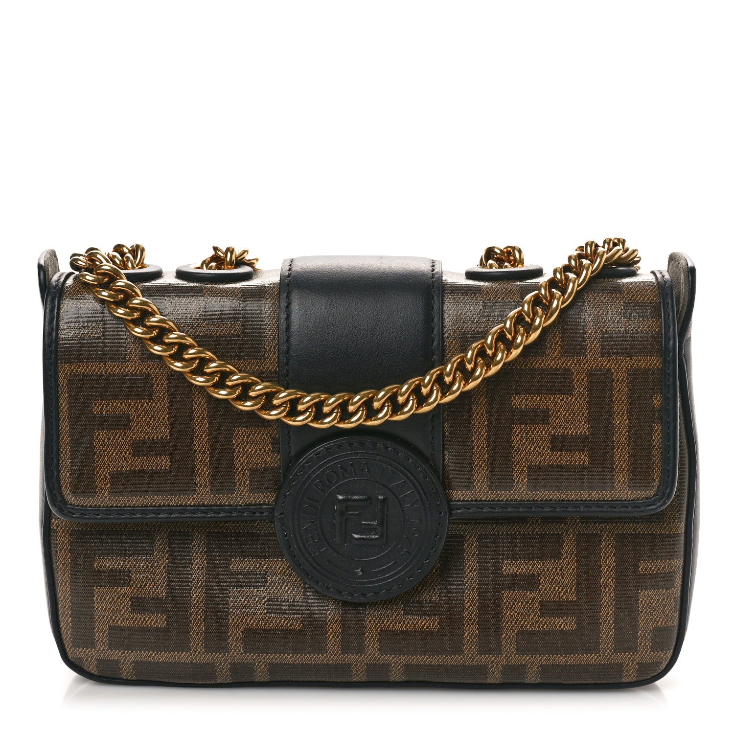 Fendi Glazed Fabric Vitello Century FF 1974 Stamp Patch Mini Double F Crossbody Bag Mogano Panna Black 1 of 11