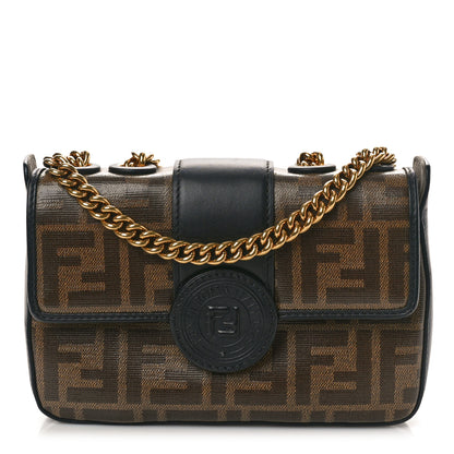 Fendi Glazed Fabric Vitello Century FF 1974 Stamp Patch Mini Double F Crossbody Bag Mogano Panna Black 1 of 11