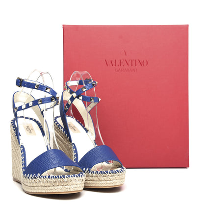 Valentino Garavani Grained Calfskin Rockstud Espadrille Wedge Sandals 41 Blue 10 of 10