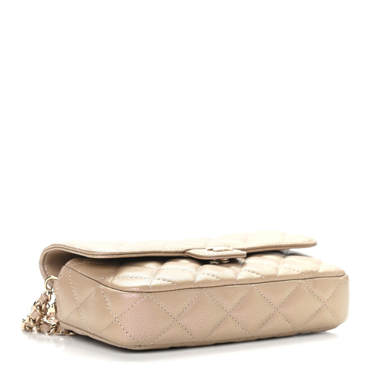 Iridescent Caviar Quilted Flap Phone Holder With Chain Beige
