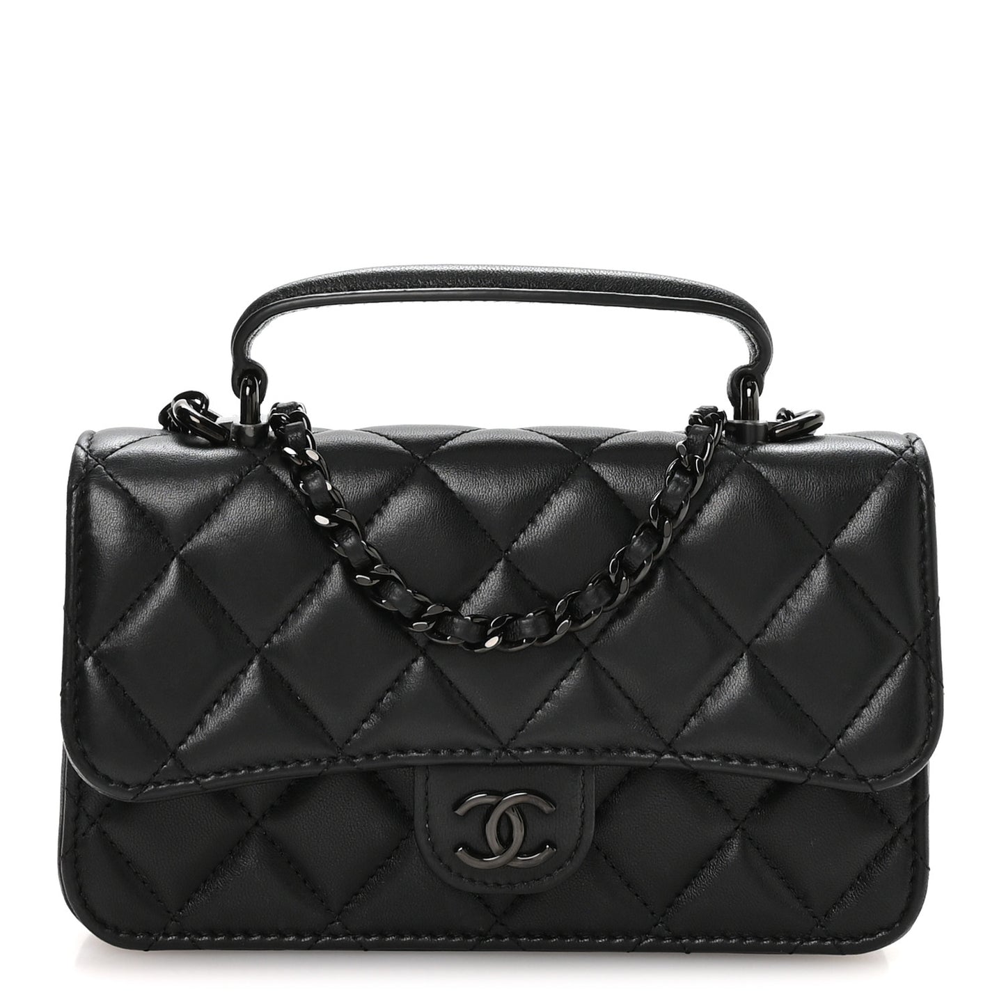 Lambskin Quilted Flap Phone Holder With Chain So Black